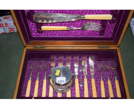 A late Victorian Elkington & Co. fish knife and fork suite, with servers, in fitted mahogany case; together with moulded glas