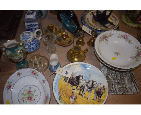 A collection of miscellaneous decorative china and ornaments; including: collectors' plates; Poole pottery dolphin; brassware