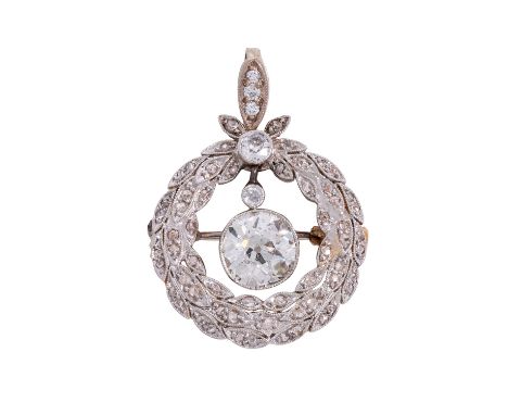BELLE ÈPOQUE Brosche/Anhänger mit 2 Altschliffdiamanten, 3 Brillanten und 59 Diamantrosen, zentraler Altschliffdiamant ca. 1,