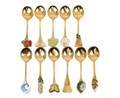 ROBBE & BERKING, 11 Jahreslöffel Silber vergoldet, Marken: 925, Halbmond, Krone, polychrom emailliert, 1985, 1986, 1987, 1988