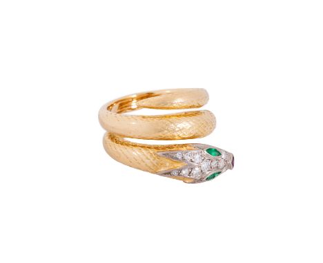 Schlangenring, 2 Smaragdnavettes, berieben, 1 Rubindreieck berieben, 1 Brillant, ca. 0,04 ct, 10 Achtkantdiamanten, ges. ca. 