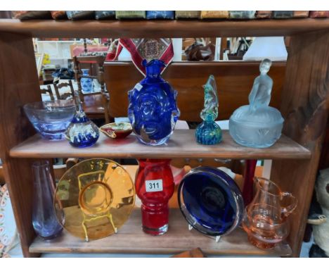 10 pieces of coloured art glass including art deco lidded trinket potA small chip & 5mm crack from chip on rim of bowl under 