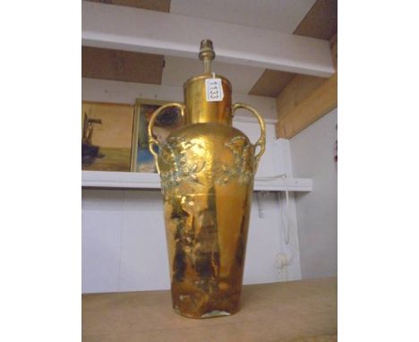 An embossed brass table lamp base (needs wiring), 47 cm to top of fitting.