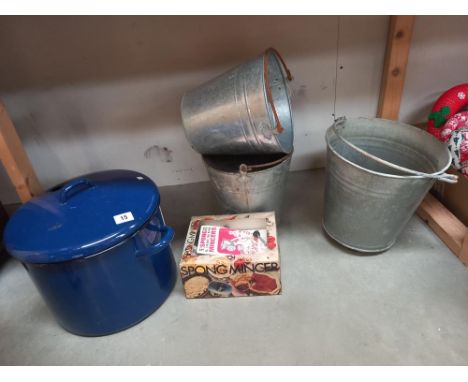 A large enamel saucepan, 3 pails (2 of which have round bottoms, so possibly fire pails) and a boxed Spong mincer COLLECT ONL