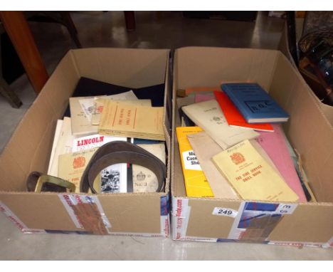 2 boxes of vintage books on fire safety, leather fireman's belt with brass buckle, 2 albums of driving test road signs etc