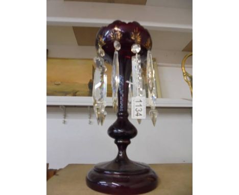 A&nbsp; Victorian ruby glass lustre with gold decoration, 33 cm tall.. COLLECT ONLY.