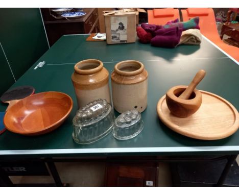Vintage glass jelly moulds, stoneware, lazy Susan board etc COLLECT ONLY 