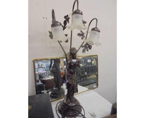 A figural double light table lamp with glass shades, COLLECT ONLY.