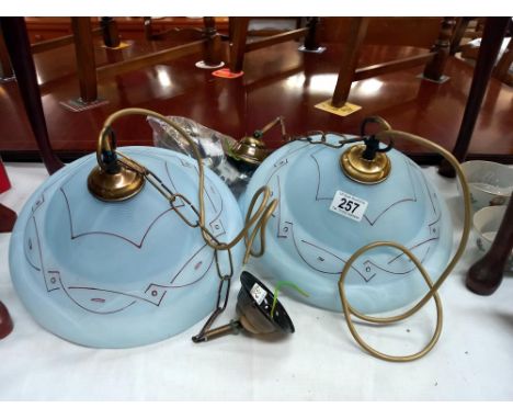 4 blue glass hanging lamp shades with fittings COLLECT ONLY