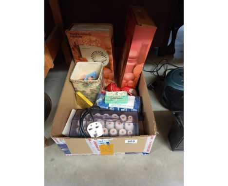 A box of vintage hair care items including rollers, hair dryer etc COLLECT ONLY