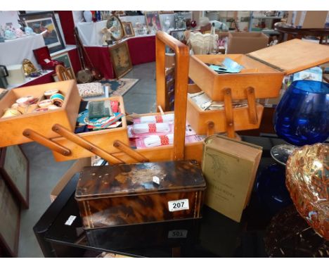 A vintage concertina sewing box and contents etc
