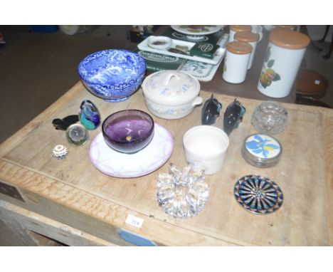 A quantity of various china to include two Poole pottery dolphin ornaments; a blue and white transfer printed bowl depicting 