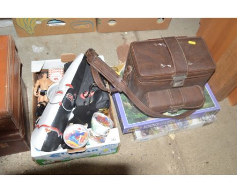 A box of various sundry items; together with a s=camera bag and two jigsaw puzzles 
