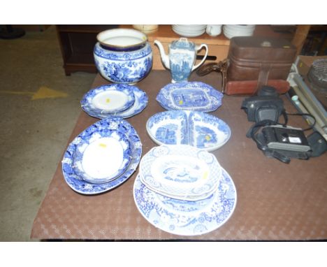 A quantity of blue and white china to include Spode Italian pattern; a large blue and white transfer printed jardinière etc