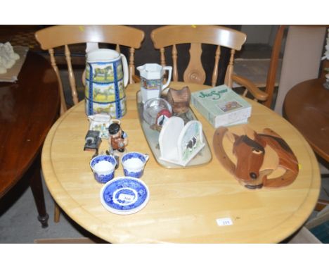 A Chad Valley jigsaw puzzle; a china jug decorated with horses; two blue and white transfer printed coffee cups and saucers e