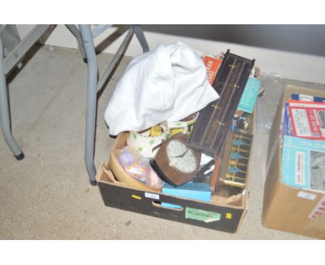 A box of various sundries to include a snooker score board, various china, mantel clock etc.