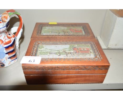 Two Cash's wooden trinket boxes, the lids inset with embroidered panels depicting horse and carts 