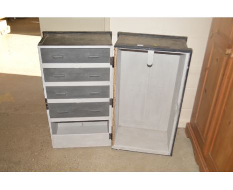 A black and grey painted travelling trunk, the interior fitted with four drawers