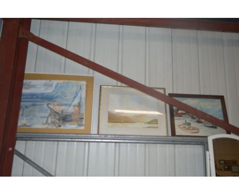 James R Taylor, oil on board study depicting moored boats in a winter landscape together with a watercolour study of a lock s