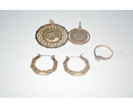 A pair of yellow metal loop ear-rings; a 9ct gold diamond cross over ring and two yellow metal pendants