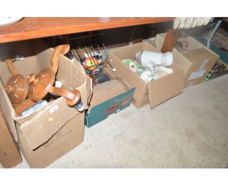 Four boxes containing collector's tins; various china; light fittings etc. 