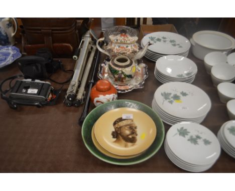 A cut glass rose bowl; a floral decorated tea pot and similar plate; two ginger jars; a Poole pottery green glazed bowl; and 