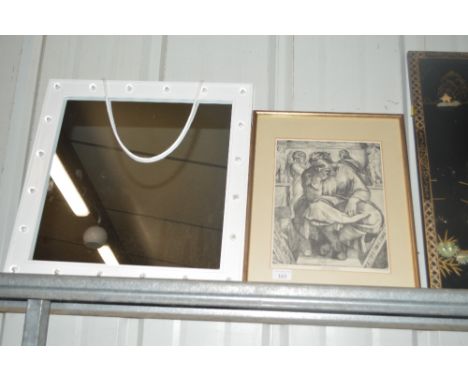 A gilt framed black and white print depicting the Prophet Jeremiah and a modern light up wall mirror
