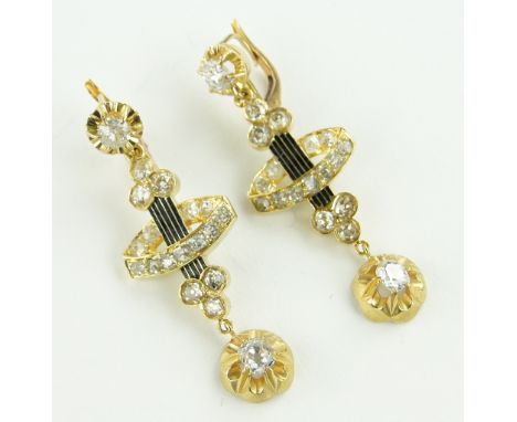 Pair of ornate diamond and enamel pendant earrings, 
total diamond content approx 3.3cts, unmarked gold settings, length 45mm