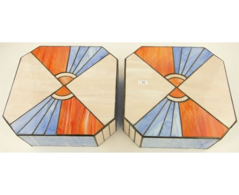 A pair of Art Deco style geometric design lead light ceiling light bowls,
each 16" across.