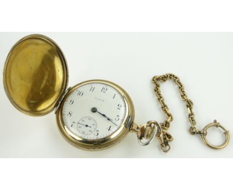 An Elgin full hunter pocket watch,
gold plated case, together with watch chain and box.