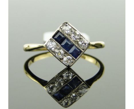 18ct gold sapphire and diamond set panel ring,
panel height 10mm, size M.