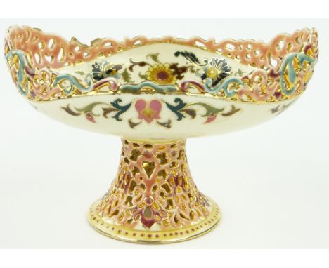 A Zsolnay pedestal comport
with pierced decoration and floral design, height 5.75".