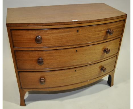 19th century mahogany bow front chest of 3 long drawers,
on bracket feet, width 3'4", height 2'9", depth 20".