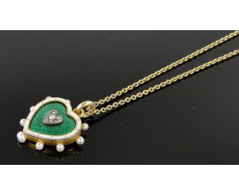 A pearl, enamel and diamond set heart shaped pendant,
unmarked gold settings on gold chain, pendant height 20mm.