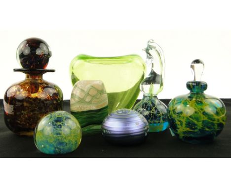 Mdina scent flask and stopper,
4.5", paperweights, seahorse, etc., (7).