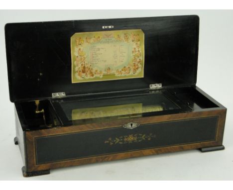 A 19th century Swiss musical box
playing 10 airs on 10.5" cylinder, Swiss made, with floral decoration to the lid, length 23.