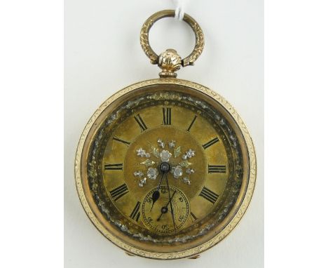 A 19th century Swiss engraved 14ct gold cased open face pocket watch,
with ornate floral decorated dial, case width 47mm.