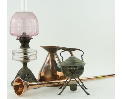 Oil lamp with etched pink shade and chimney,
height 23", a spirit kettle, a copper post horn and a copper ale jug, (4).