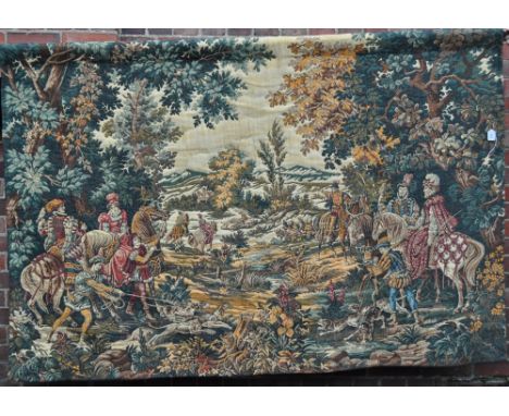 A large machine woolwork tapestry
depicting a Medieval hunting scene, width 6'4" x 4'4".