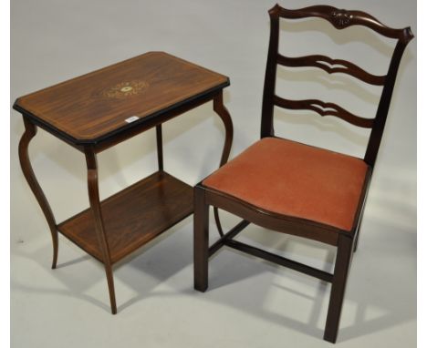 A rosewood 2-tier occasional table
and a 19th century mahogany ladder back side chair, (2).