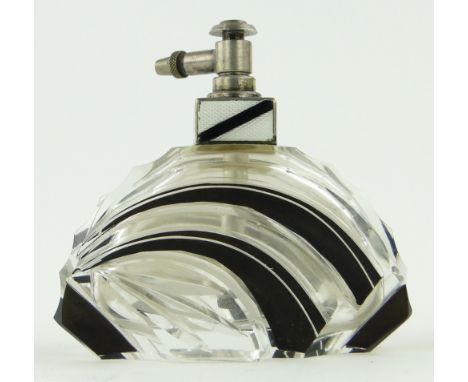Art Deco black overlay cut-glass atomiser scent bottle
with sterling silver and enamel top, length 8.5cm.