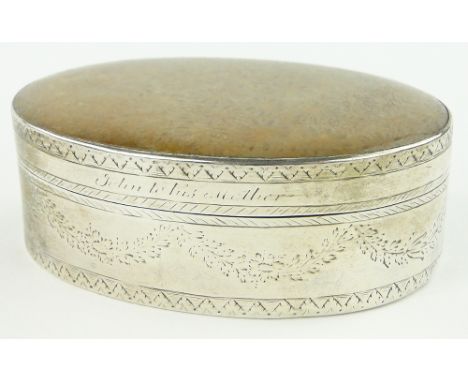 An unusual Georgian silver oval box,
the top and bottom inset with polished fossilised stones, with swag engraved surround, i