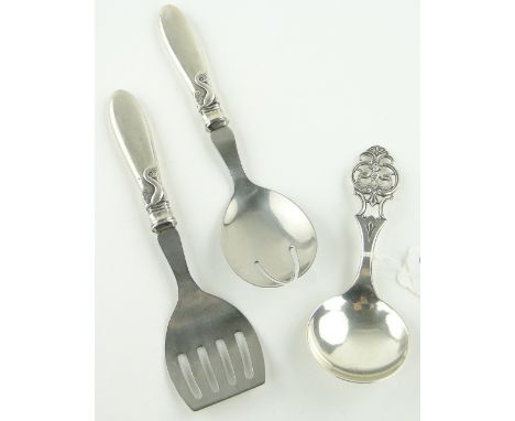 Pair of Danish silver handled serving spoons,
with dolphin decorated handles and a continental silver caddy spoon with open w