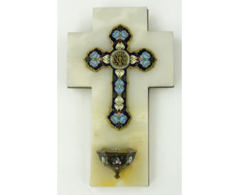A champleve enamel cross and miniature font
mounted on marble, height 7".