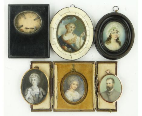 Miniature watercolour portrait of a young girl in a bonnet,
in oval frame, 4.25" overall and 4 other miniature portraits.