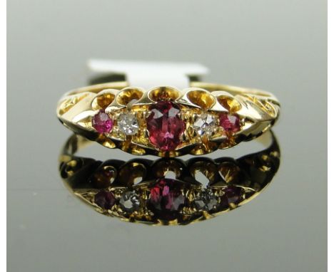 18ct gold 5 stone ruby and diamond ring, size Q.