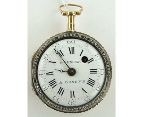 An 18th century Swiss unmarked gold enamel and diamond pocket watch,
the enamel dial signed Baumier of Geneva, with an enamel