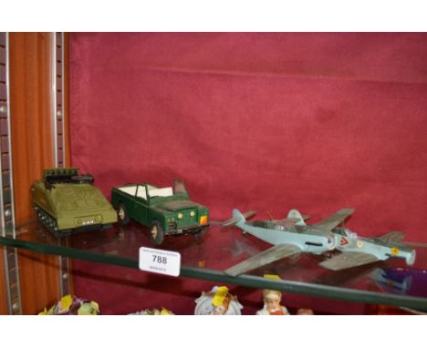 A Dinky toy Alvis striker; a Britain's Land Rover; and two Dinky toy Messerschmitts