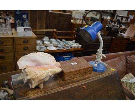 An adjustable desk lamp; together with a hardwood trinket box and a seashell