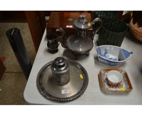 A silver plated coffee pot, tankard, tray and tea caddy